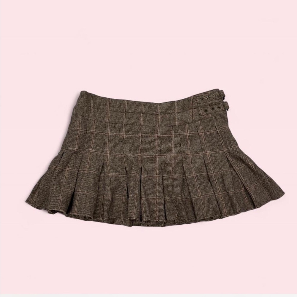 Y2K American Eagle Brown Wool Plaid Pleated Mini Skirt